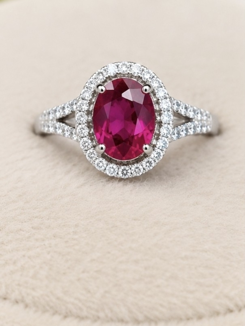 Silver Oval Ruby Halo Ring - Ruby Red Sparkle